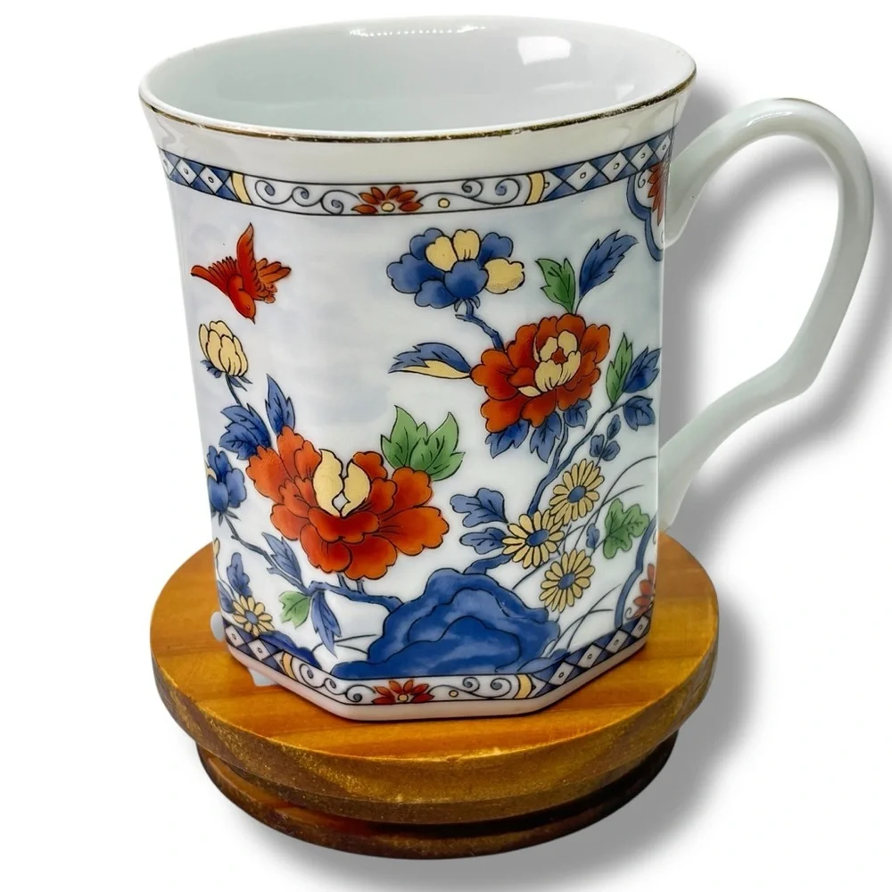 Japanese Vintage Set of 4 Octagon Shaped Gold Trim Coffee Tea Cups Floral 3.5" - Picture 6 of 8